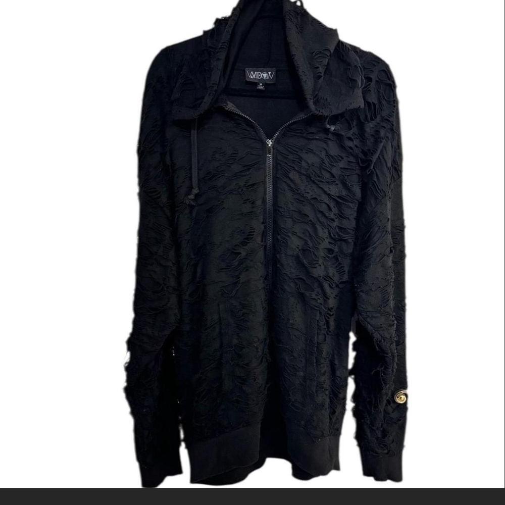 Black Zip-Up Women's Jacket With A Shredded Look. M Oversized